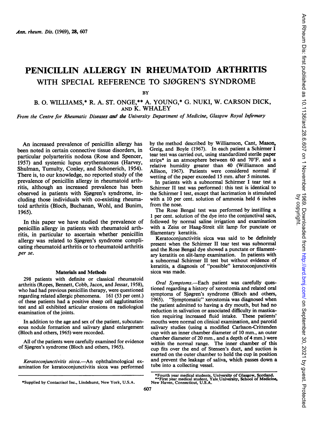 Penicillin Allergy in Rheumatoid Arthritis with Special Reference to Sj0gren's Syndrome By