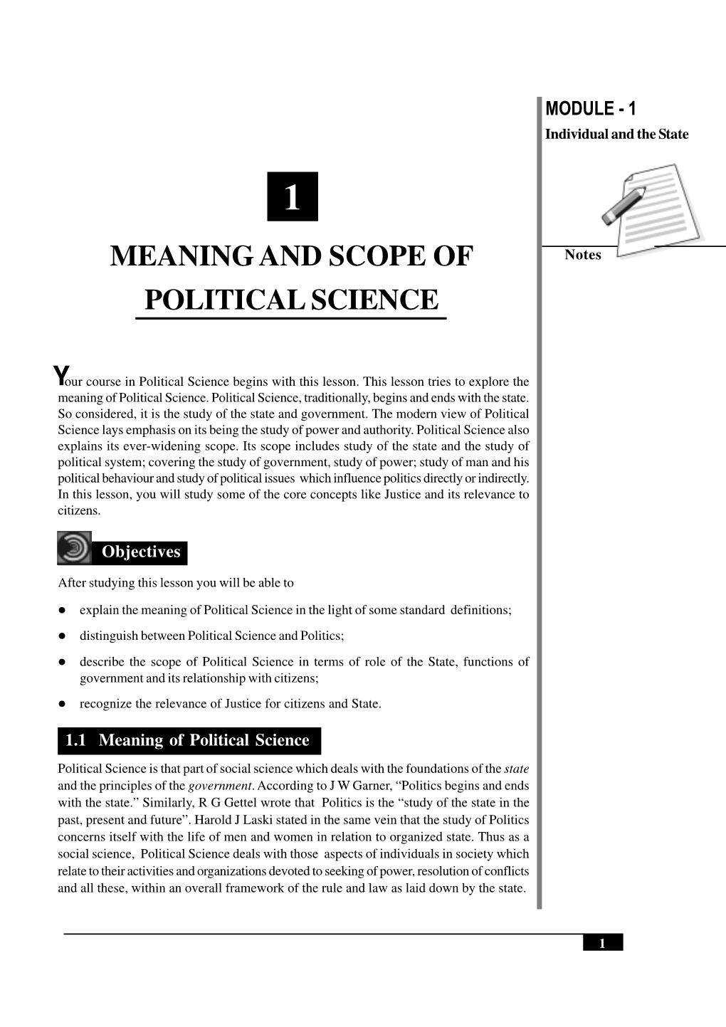 Meaning and Scope of Political Science MODULE - 1 Individual and the State