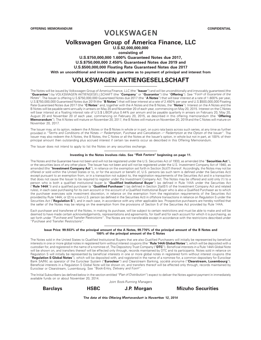 Volkswagen Group of America Finance, LLC VOLKSWAGEN