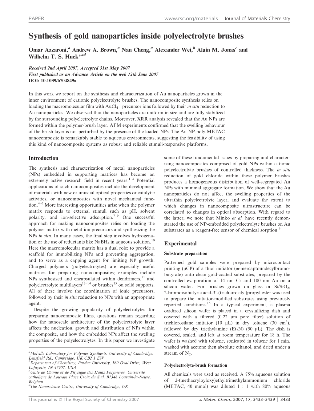 Synthesis of Gold Nanoparticles Inside Polyelectrolyte Brushes