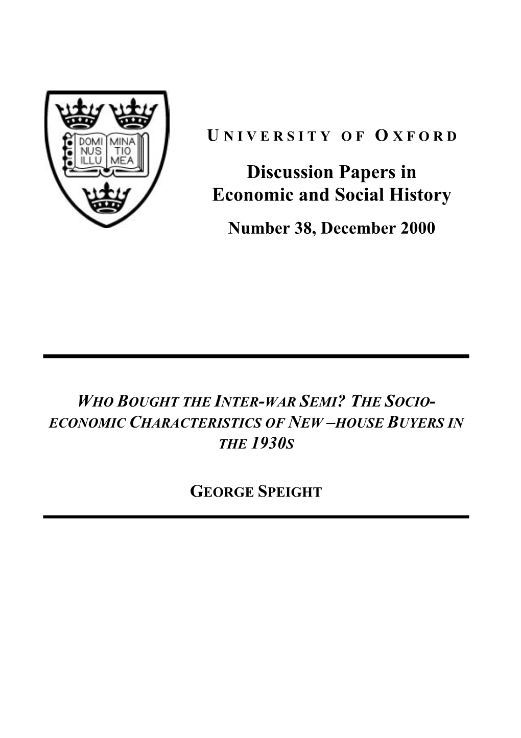 Discussion Papers in Economic and Social History Number 38, December 2000