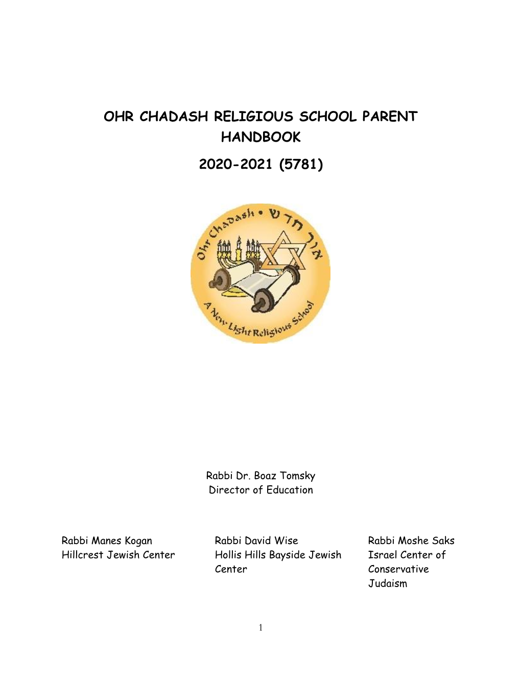 Ohr Chadash Religious School Parent Handbook 2020