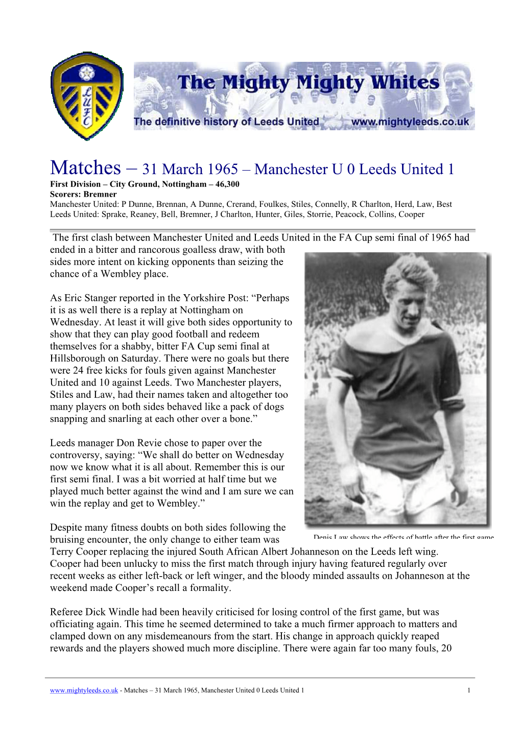 Matches – 31 March 1965 – Manchester U 0 Leeds United 1