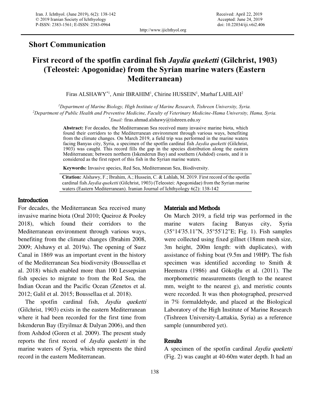 Short Communication First Record of the Spotfin Cardinal Fish Jaydia