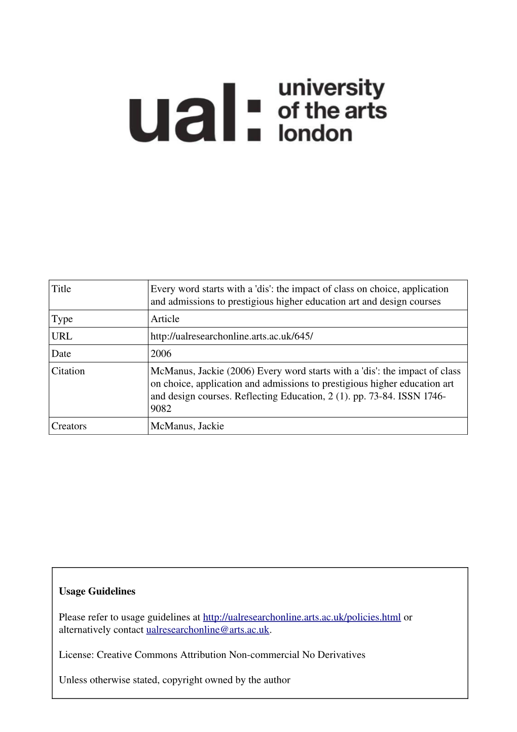 'Dis': the Impact of Class on Choice, Application and Admissions To