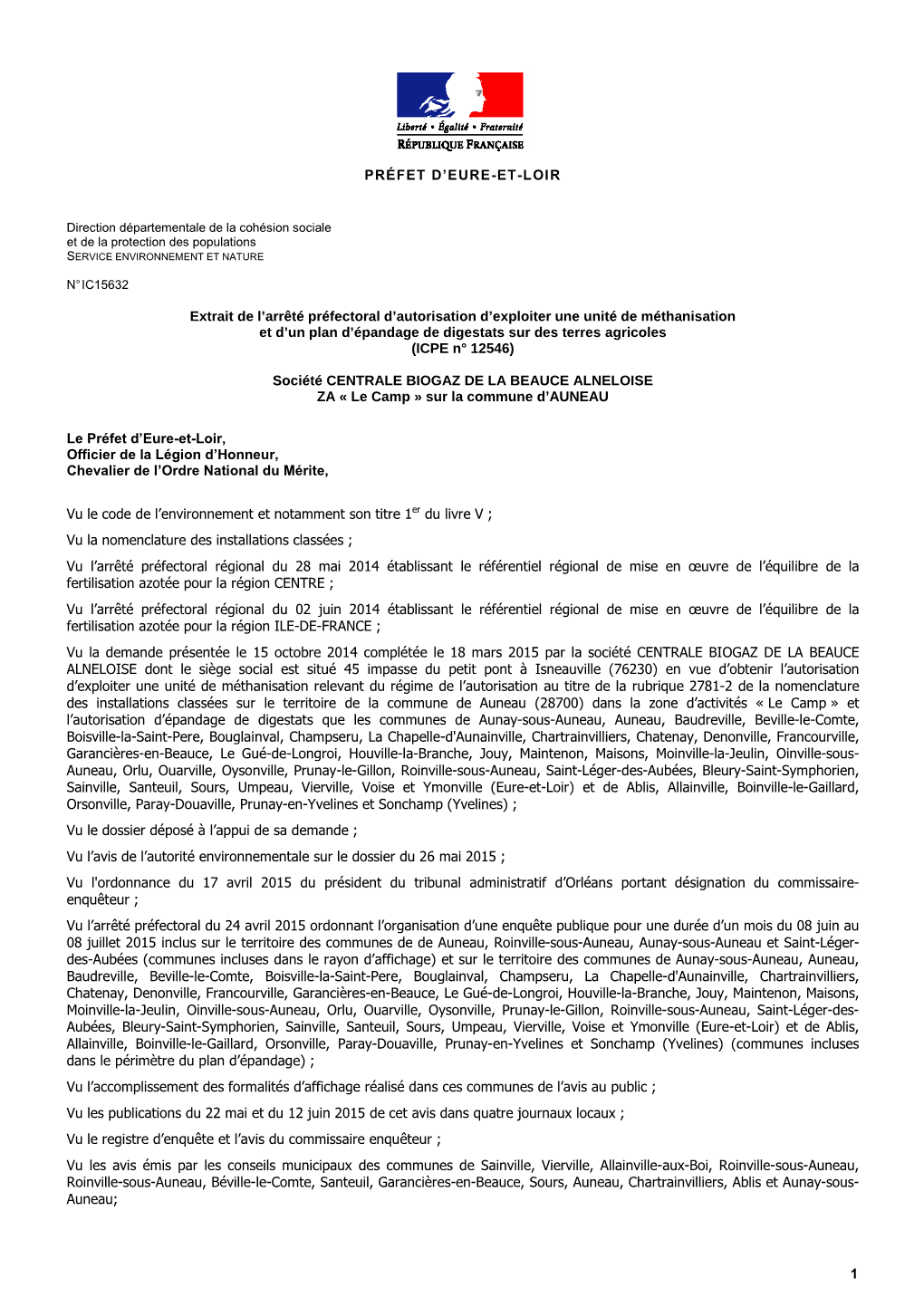 1 PRÉFET D'eure-ET-LOIR Extrait De L'arrêté Préfectoral D'autorisation