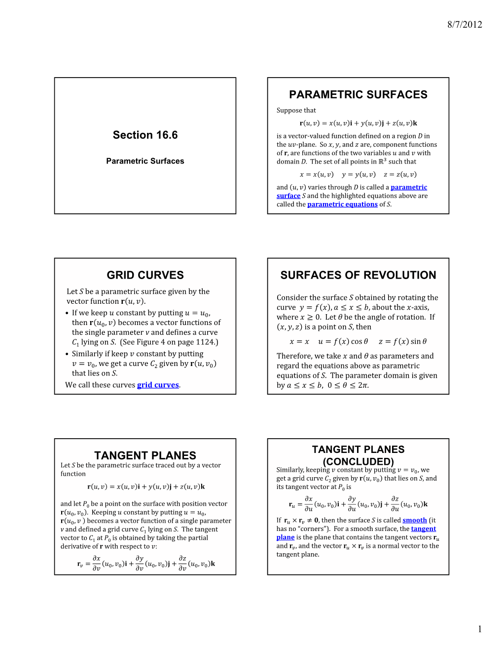 Section 16.6 PARAMETRIC SURFACES GRID CURVES