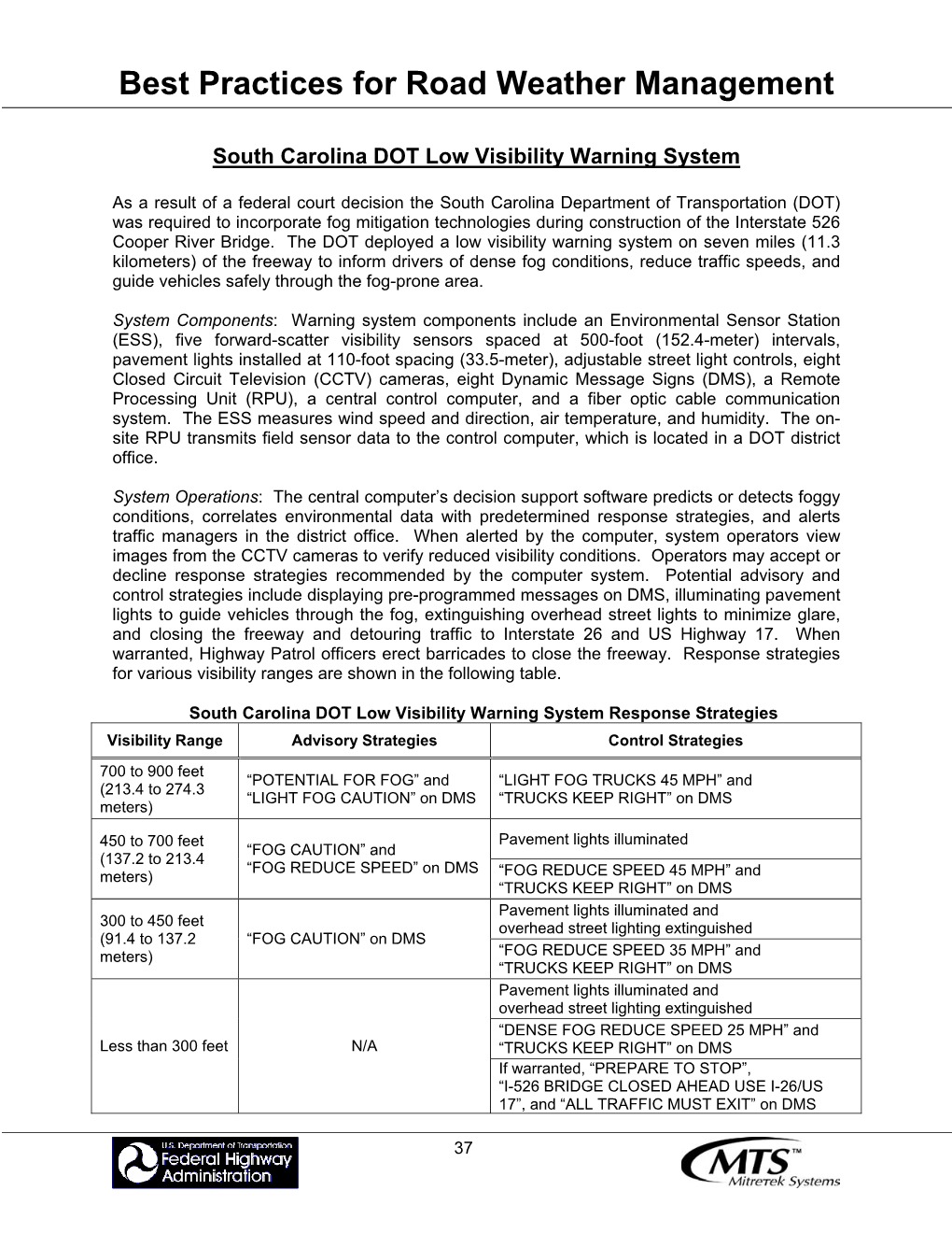 South Carolina DOT Low Visibility Warning System