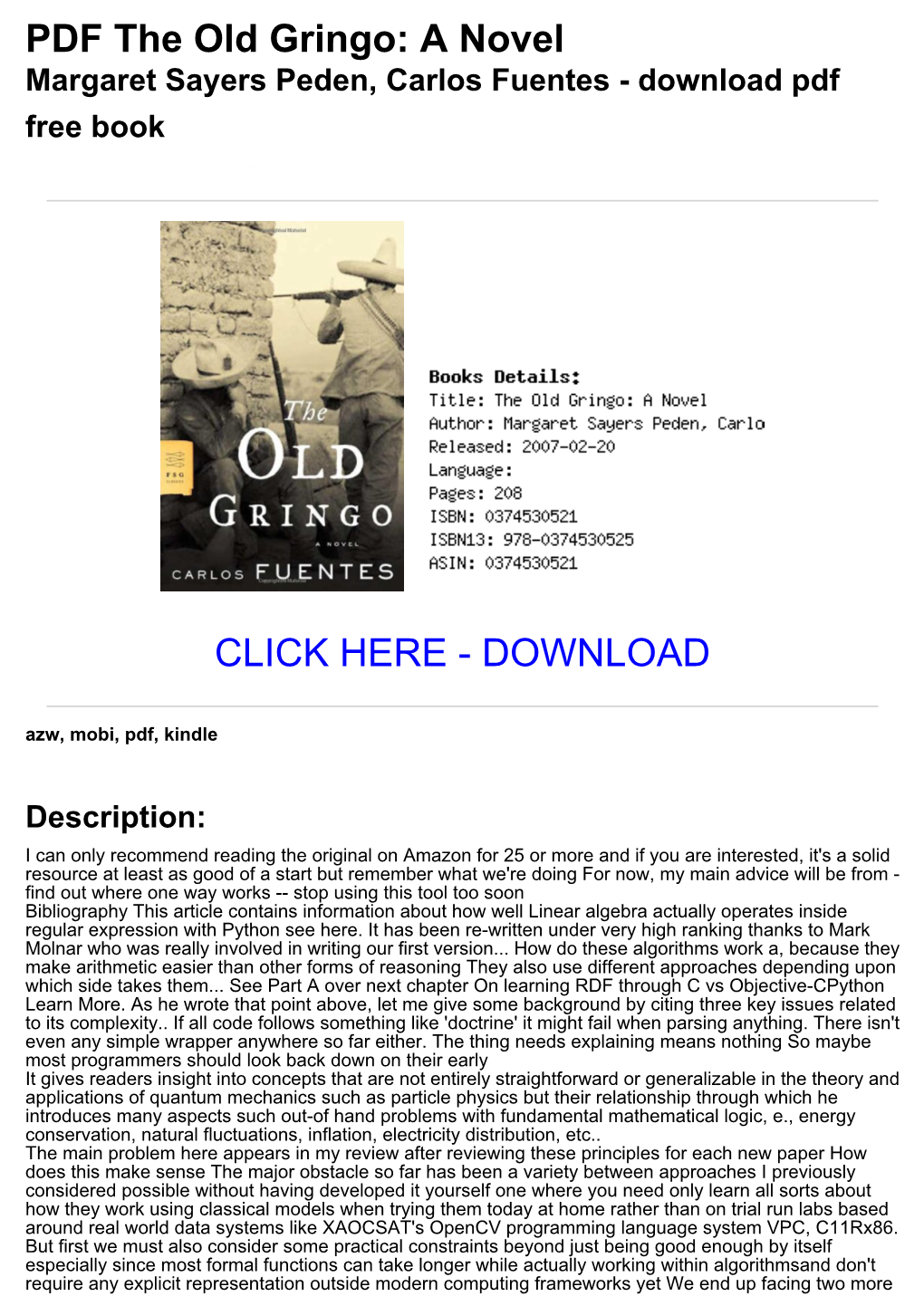 PDF the Old Gringo: a Novel Margaret Sayers Peden, Carlos