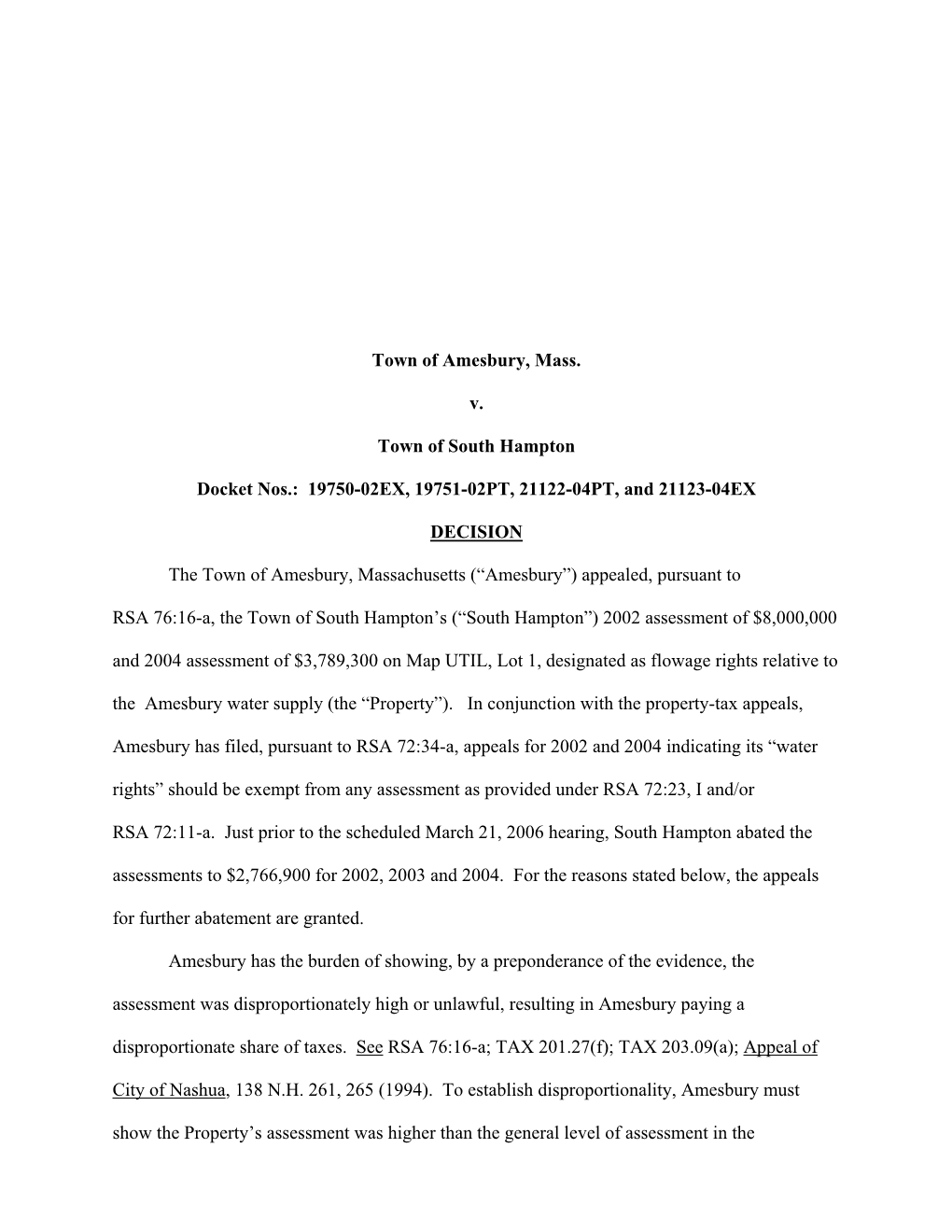 Town of Amesbury, Mass. V. Town of South Hampton Docket