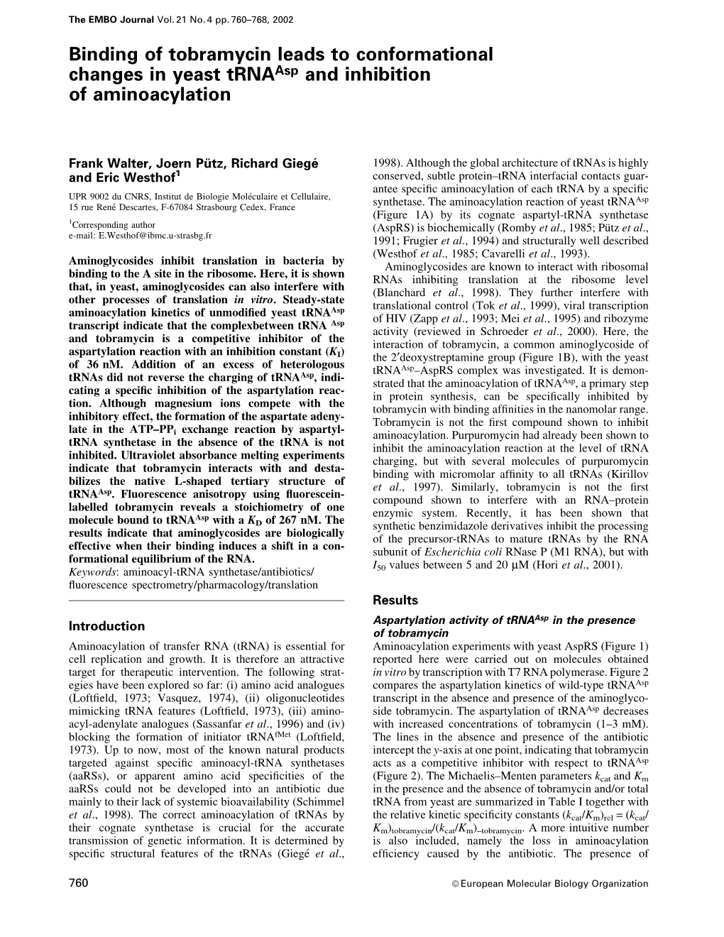 Binding of Tobramycin Leads to Conformational Changes in Yeast Trnaasp and Inhibition of Aminoacylation