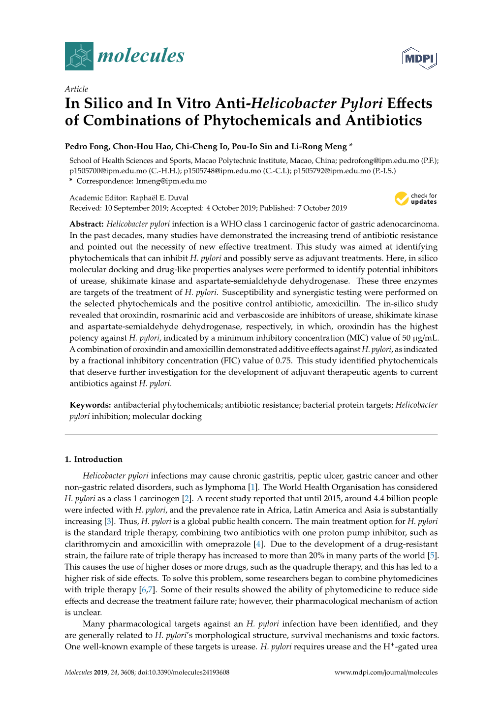 In Silico and in Vitro Anti-Helicobacter Pylori Effects of Combinations Of