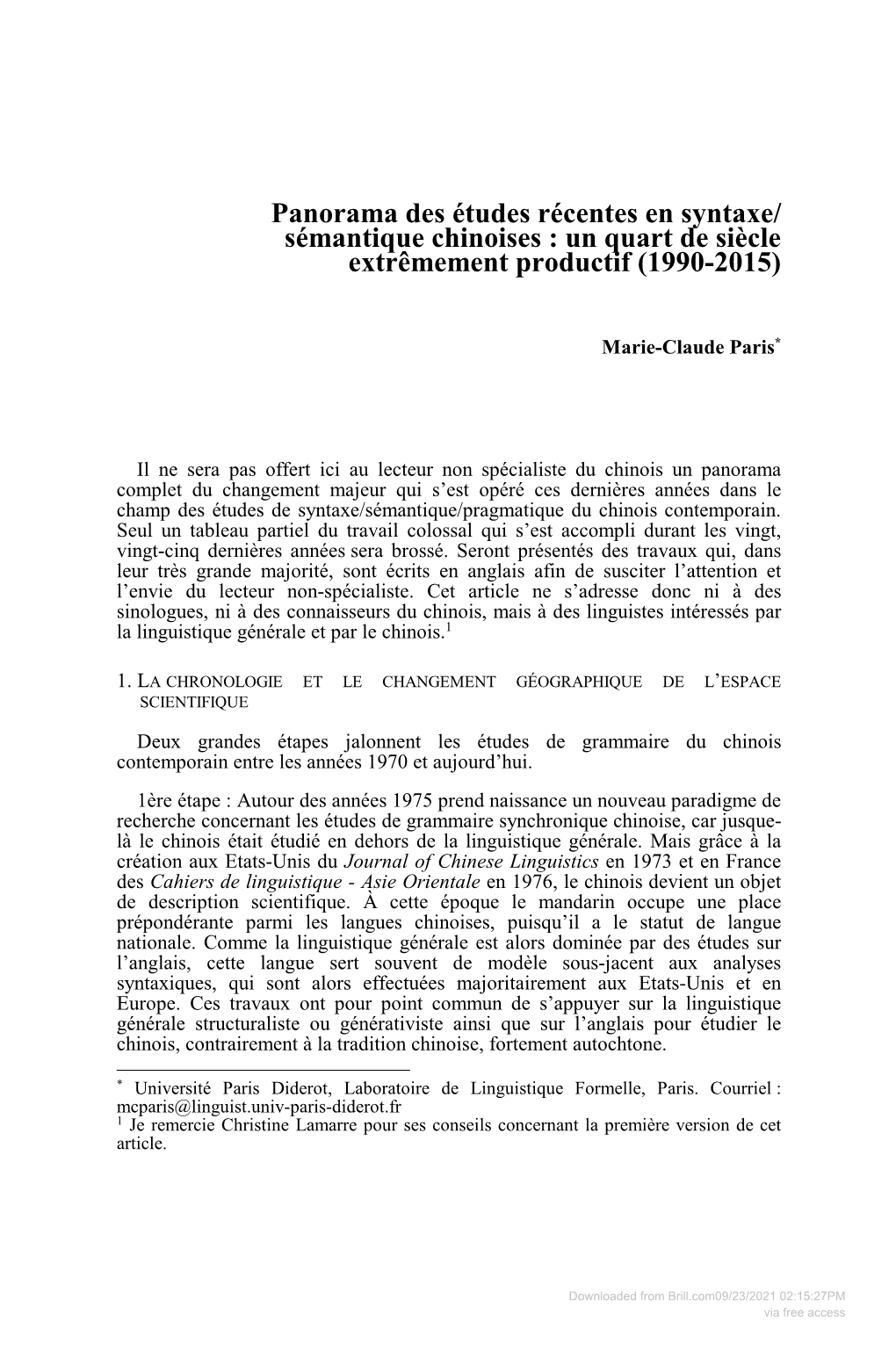 Sémantique Chinoises : Un Quart De Siècle Extrêmement Productif (1990-2015)