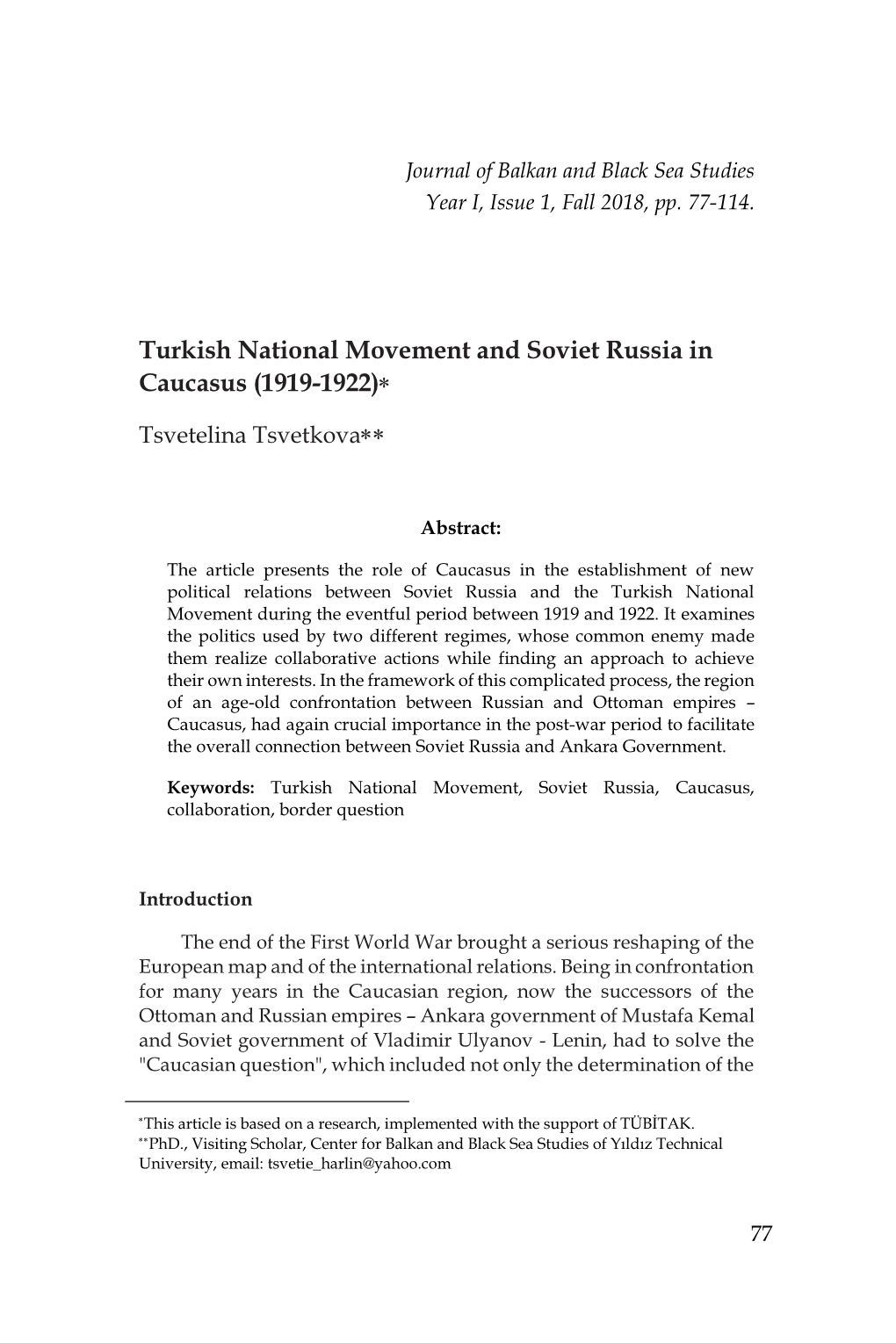 Turkish National Movement and Soviet Russia in Caucasus (1919-1922)