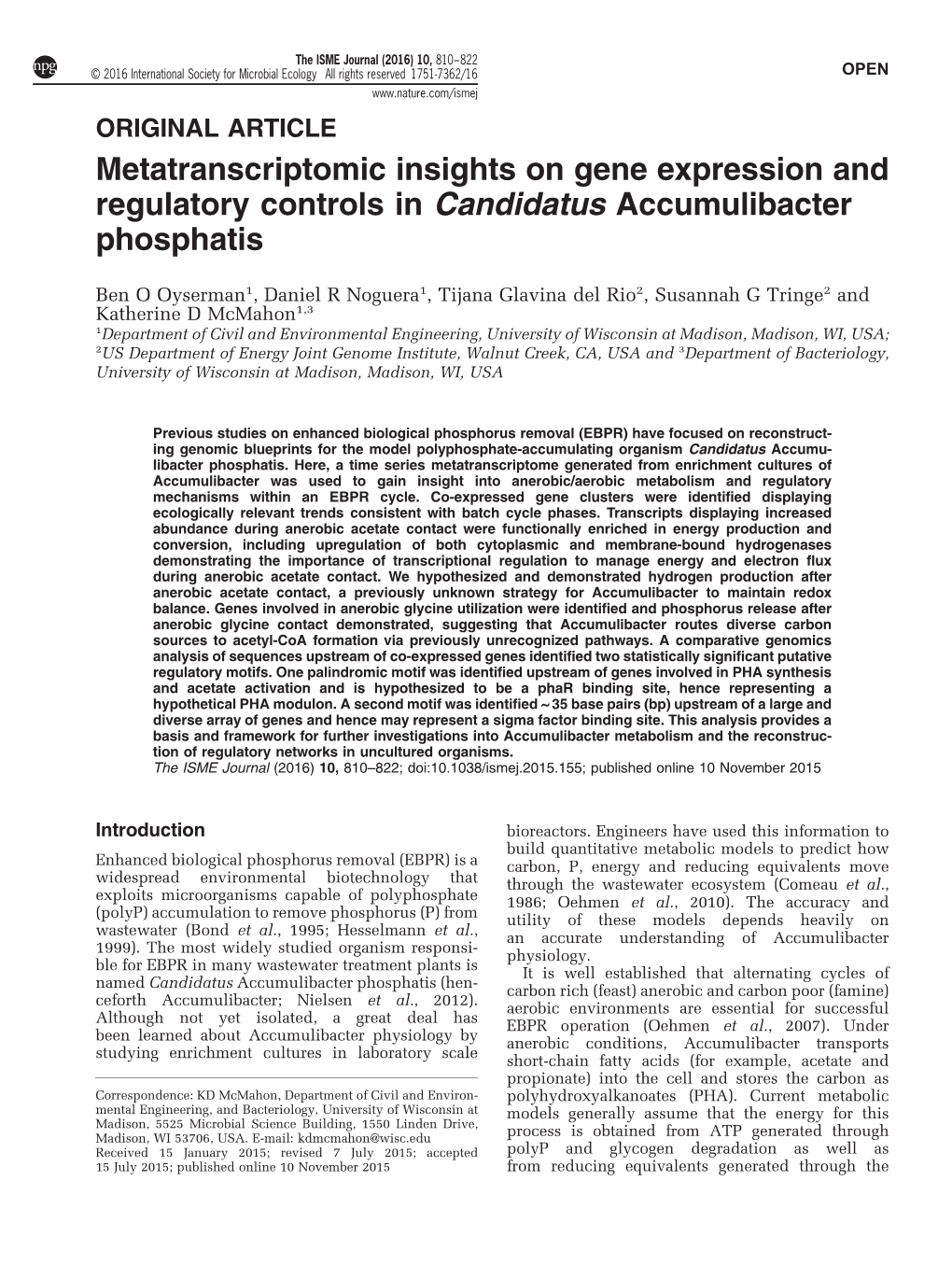 Metatranscriptomic Insights on Gene Expression and Regulatory Controls in Candidatus Accumulibacter Phosphatis