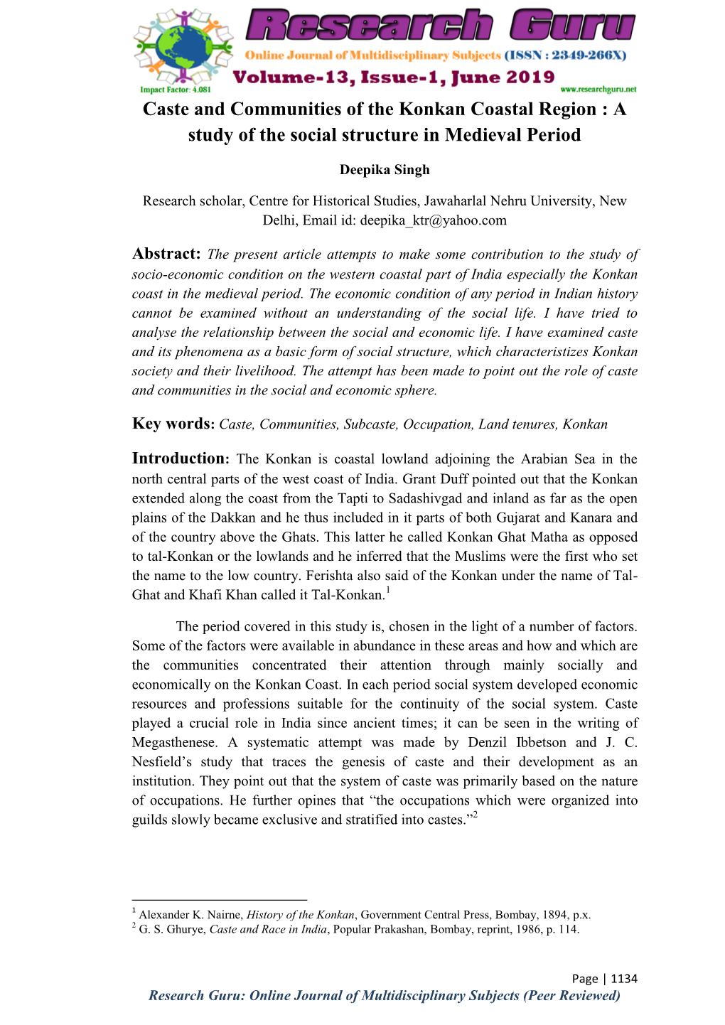 Caste and Communities of the Konkan Coastal Region : a Study of the Social Structure in Medieval Period