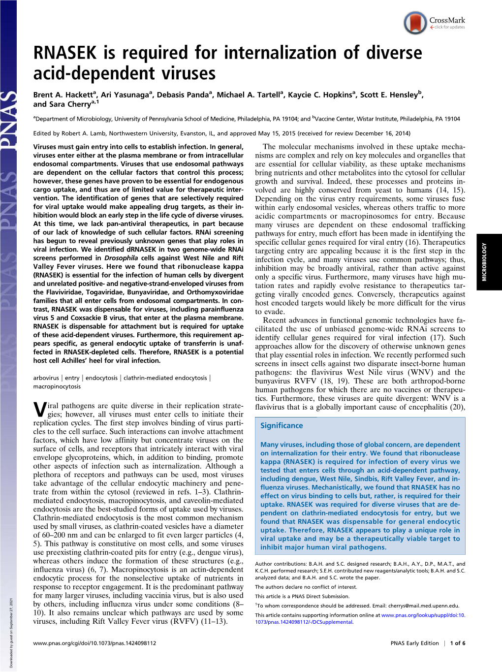 RNASEK Is Required for Internalization of Diverse Acid-Dependent Viruses