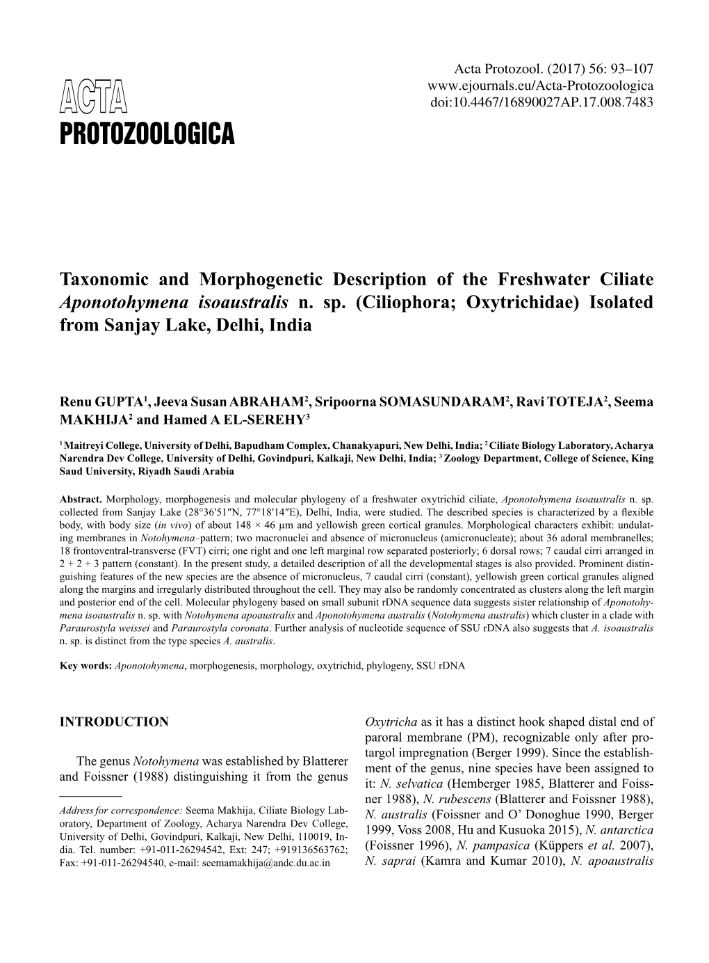 Taxonomic and Morphogenetic Description of the Freshwater Ciliate Aponotohymena Isoaustralis N. Sp.(Ciliophora; Oxytrichidae) Isolated from Sanjay Lake, Delhi, India