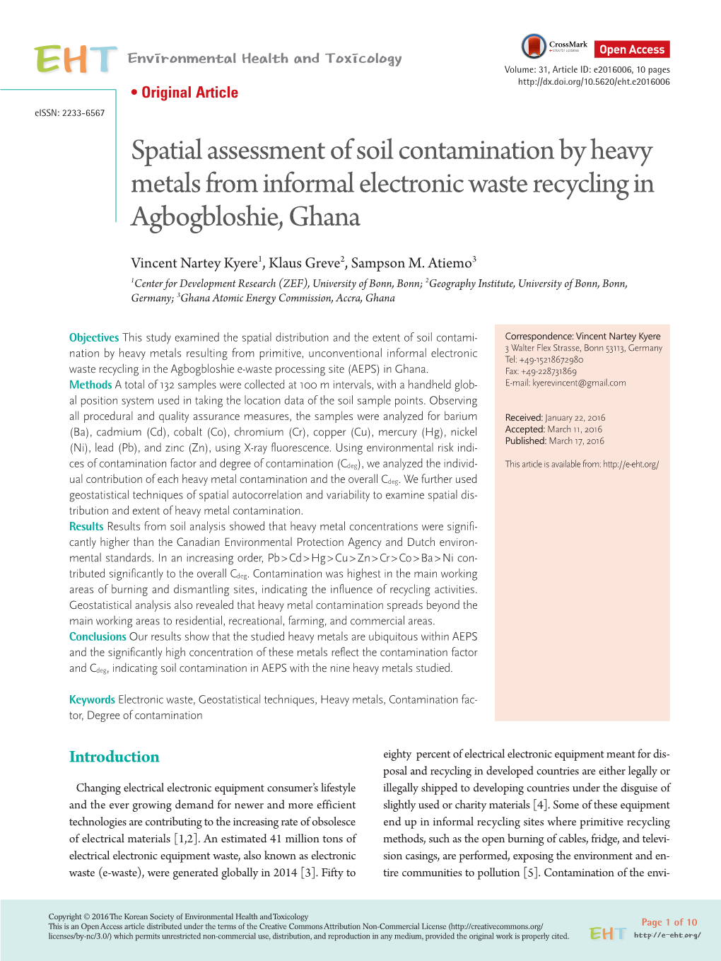 Spatial Assessment of Soil Contamination by Heavy Metals from Informal Electronic Waste Recycling in Agbogbloshie, Ghana