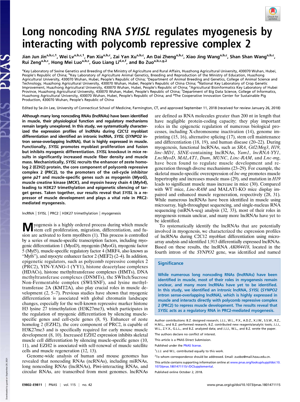 Long Noncoding RNA SYISL Regulates Myogenesis by Interacting with Polycomb Repressive Complex 2