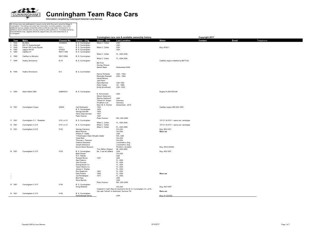 Cunningham Team Race Cars Information Compiled by Motorsport Historian Larry Berman