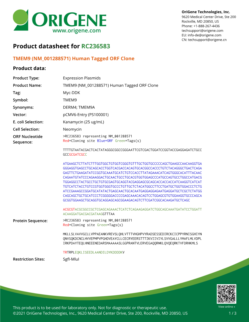TMEM9 (NM 001288571) Human Tagged ORF Clone – RC236583