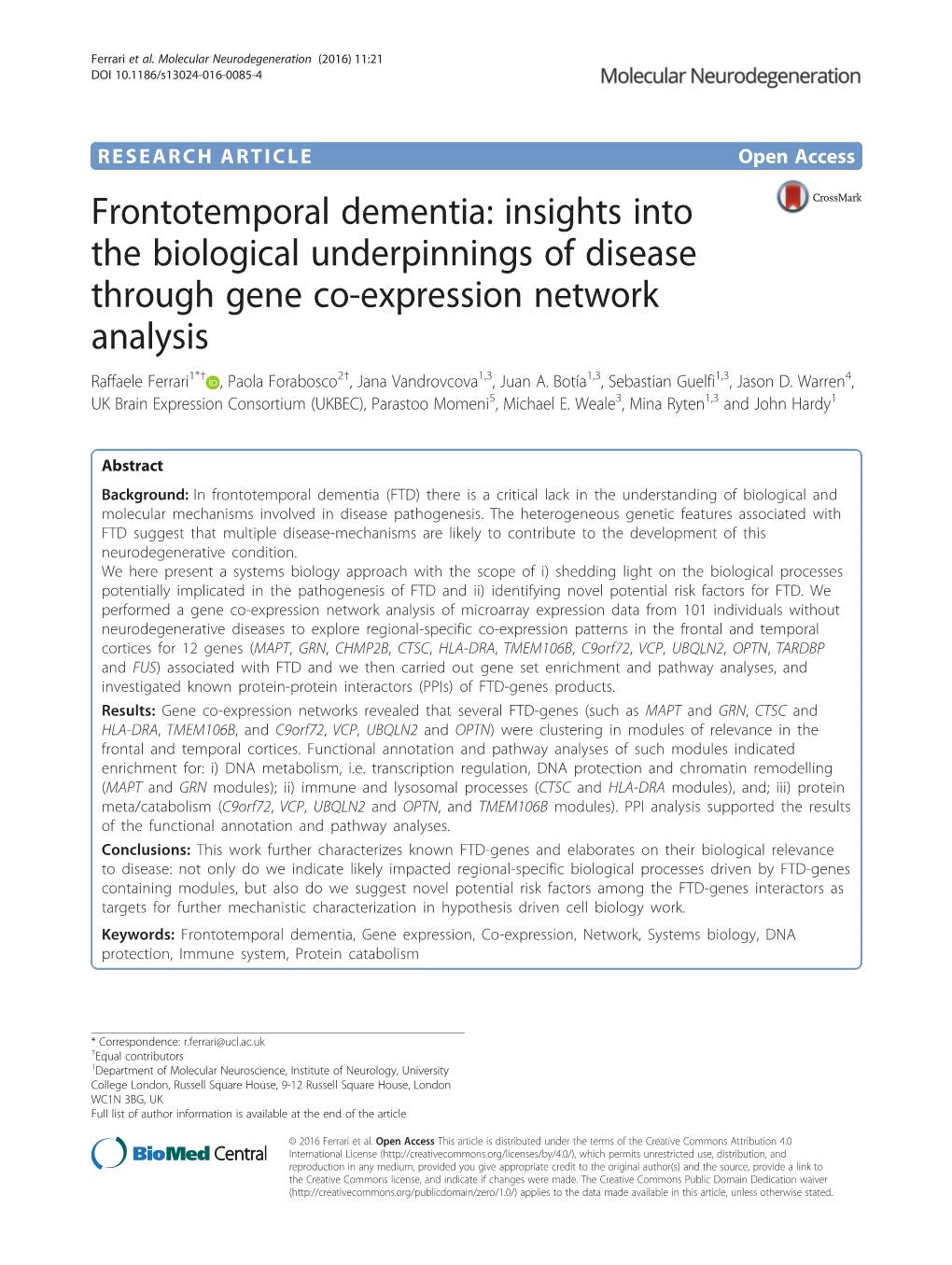 Frontotemporal Dementia: Insights Into the Biological Underpinnings of Disease Through Gene Co-Expression Network Analysis