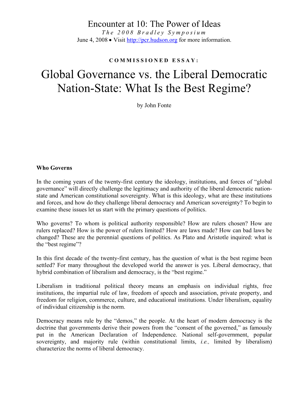 COMMISSIONED ESSAY: Global Governance Vs