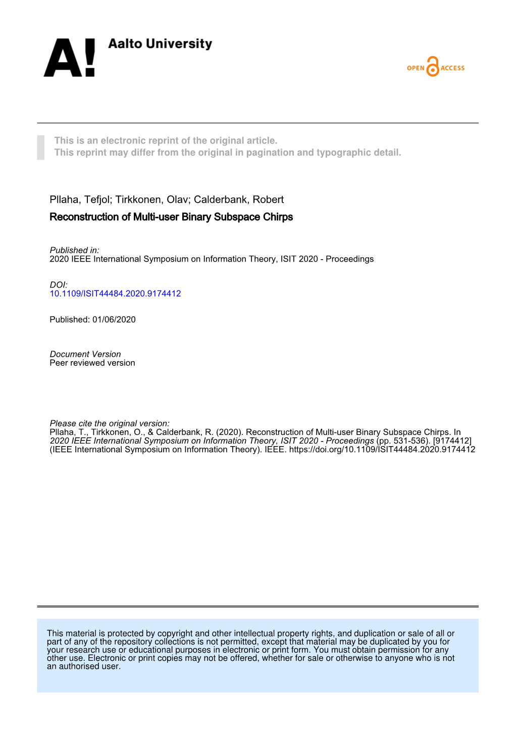 Calderbank, Robert Reconstruction of Multi-User Binary Subspace Chirps