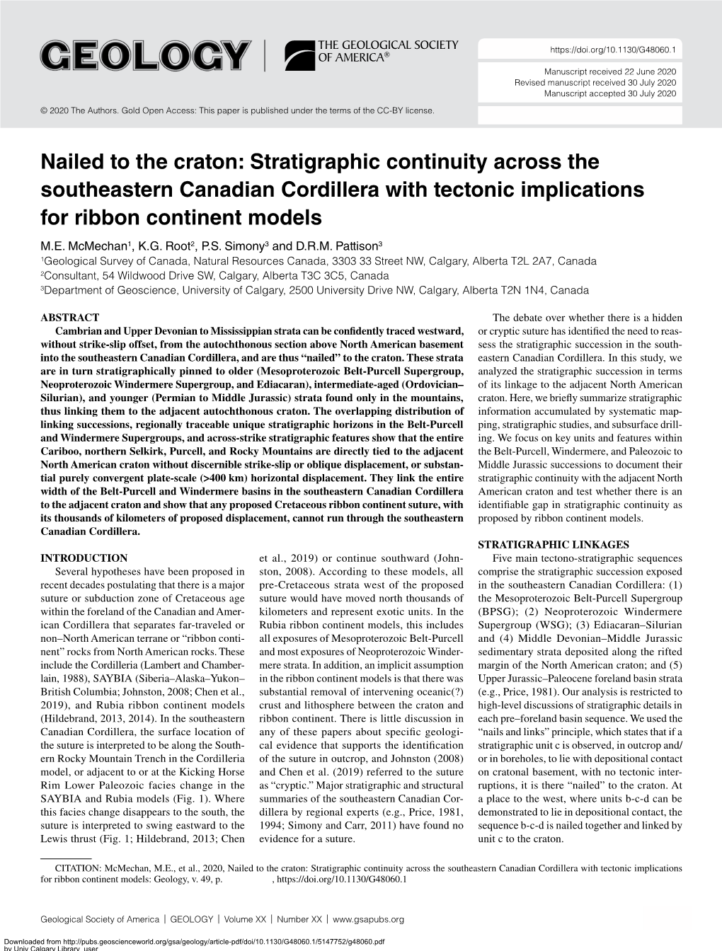 Nailed to the Craton: Stratigraphic Continuity Across the Southeastern Canadian Cordillera with Tectonic Implications for Ribbon Continent Models M.E