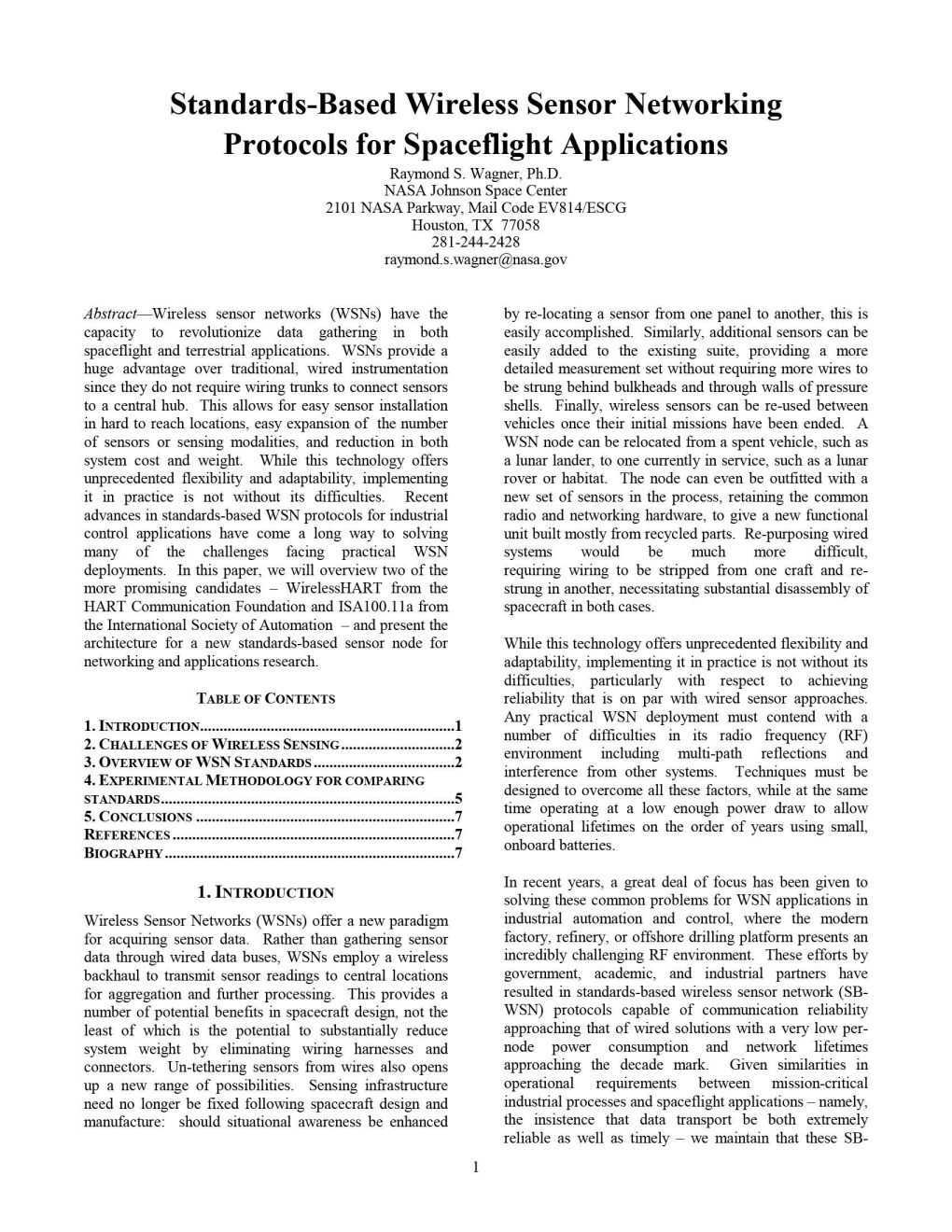 Standards-Based Wireless Sensor Networking Protocols for Spaceflight Applications Raymond S