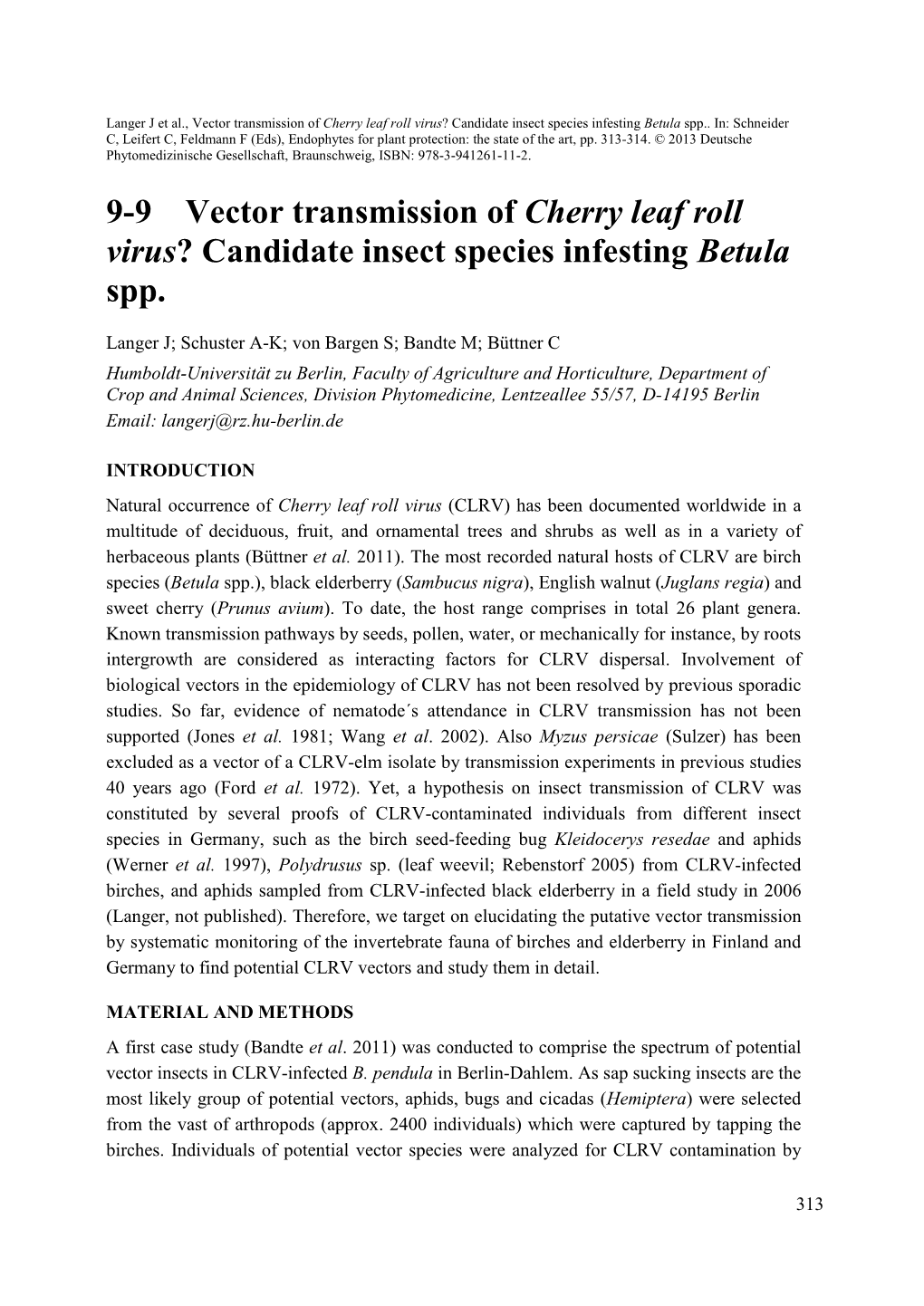 Cherry Leaf Roll Virus? Candidate Insect Species Infesting Betula Spp