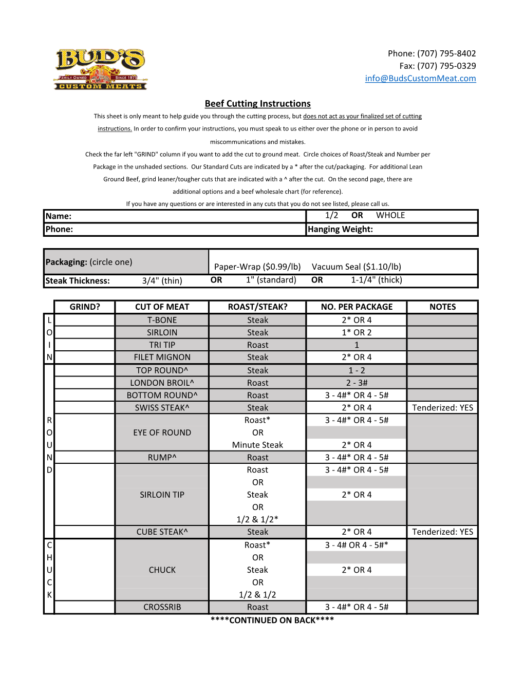 Beef Cutting Instructions This Sheet Is Only Meant to Help Guide You Through the Cutting Process, but Does Not Act As Your Finalized Set of Cutting Instructions