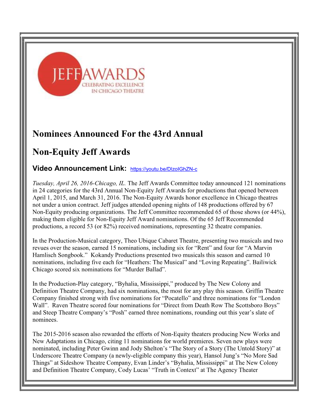Nominees Announced for the 43Rd Annual Non-Equity Jeff Awards