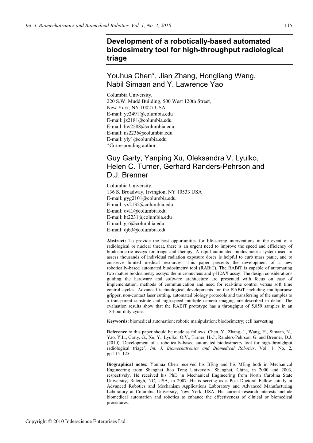 Development of a Robotically-Based Automated Biodosimetry Tool for High-Throughput Radiological Triage