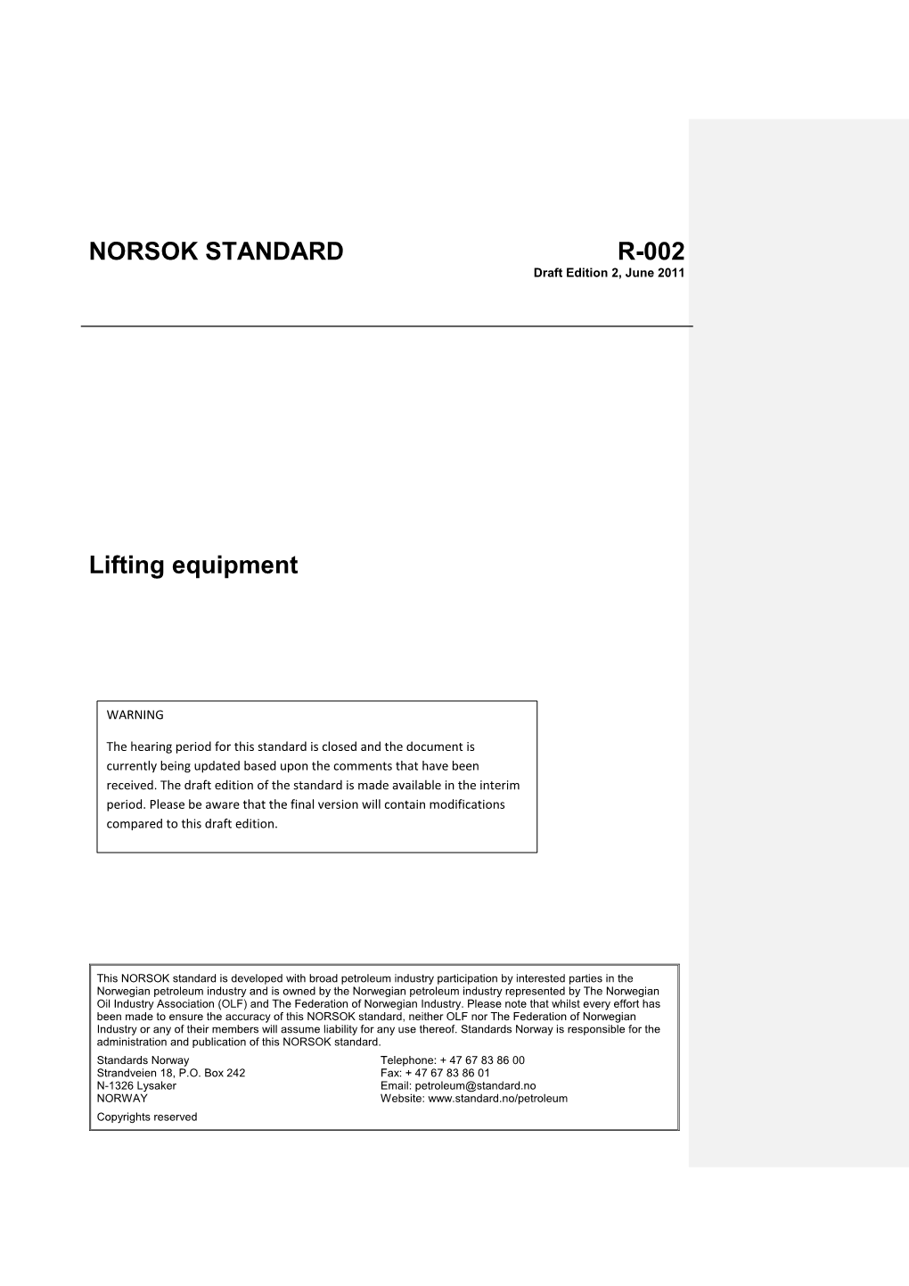 NORSOK STANDARD R-002 Draft Edition 2, June 2011