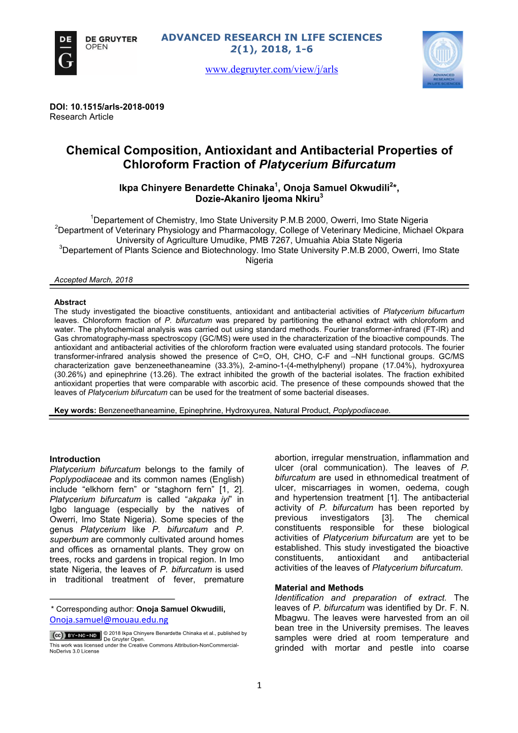 Advanced Research in Life Sciences 2(1), 2018, 1-6