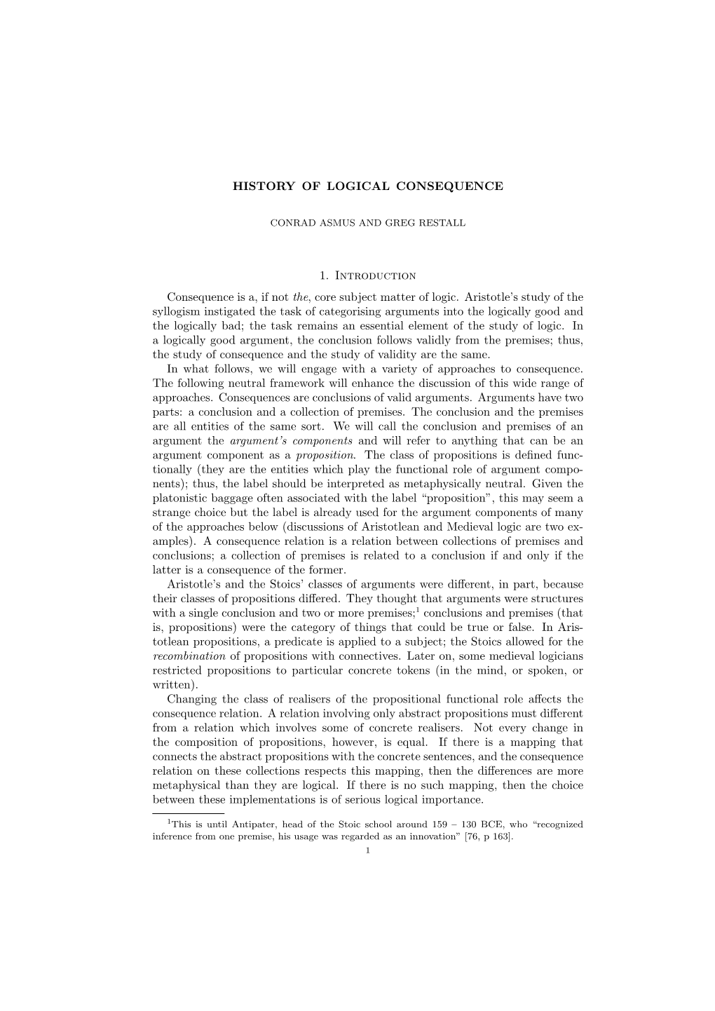 HISTORY of LOGICAL CONSEQUENCE 1. Introduction