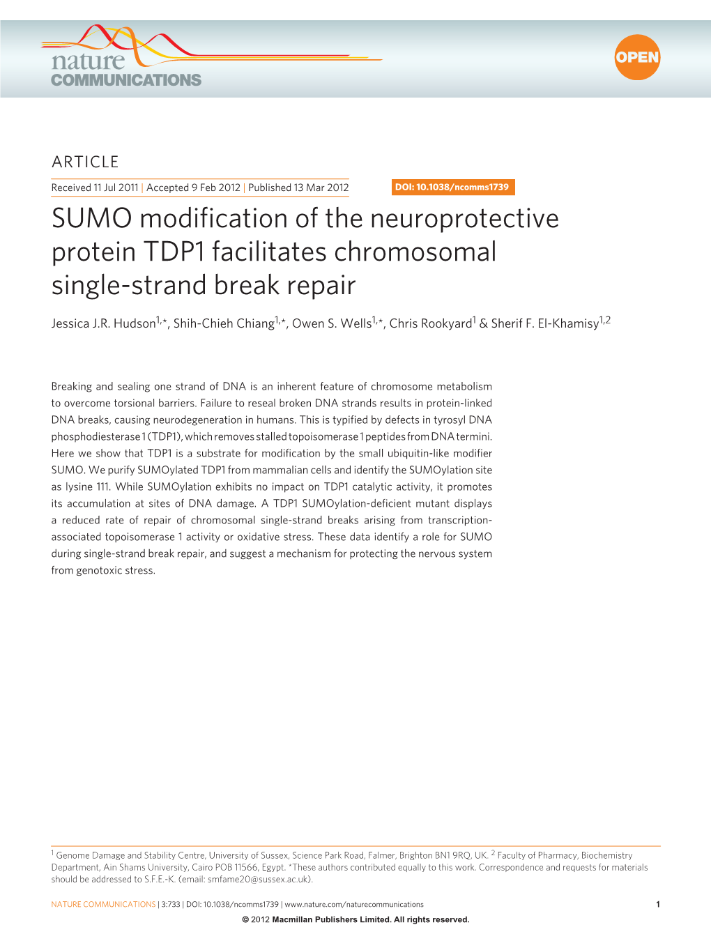 SUMO Modification of the Neuroprotective Protein TDP1 Facilitates Chromosomal Single-Strand Break Repair