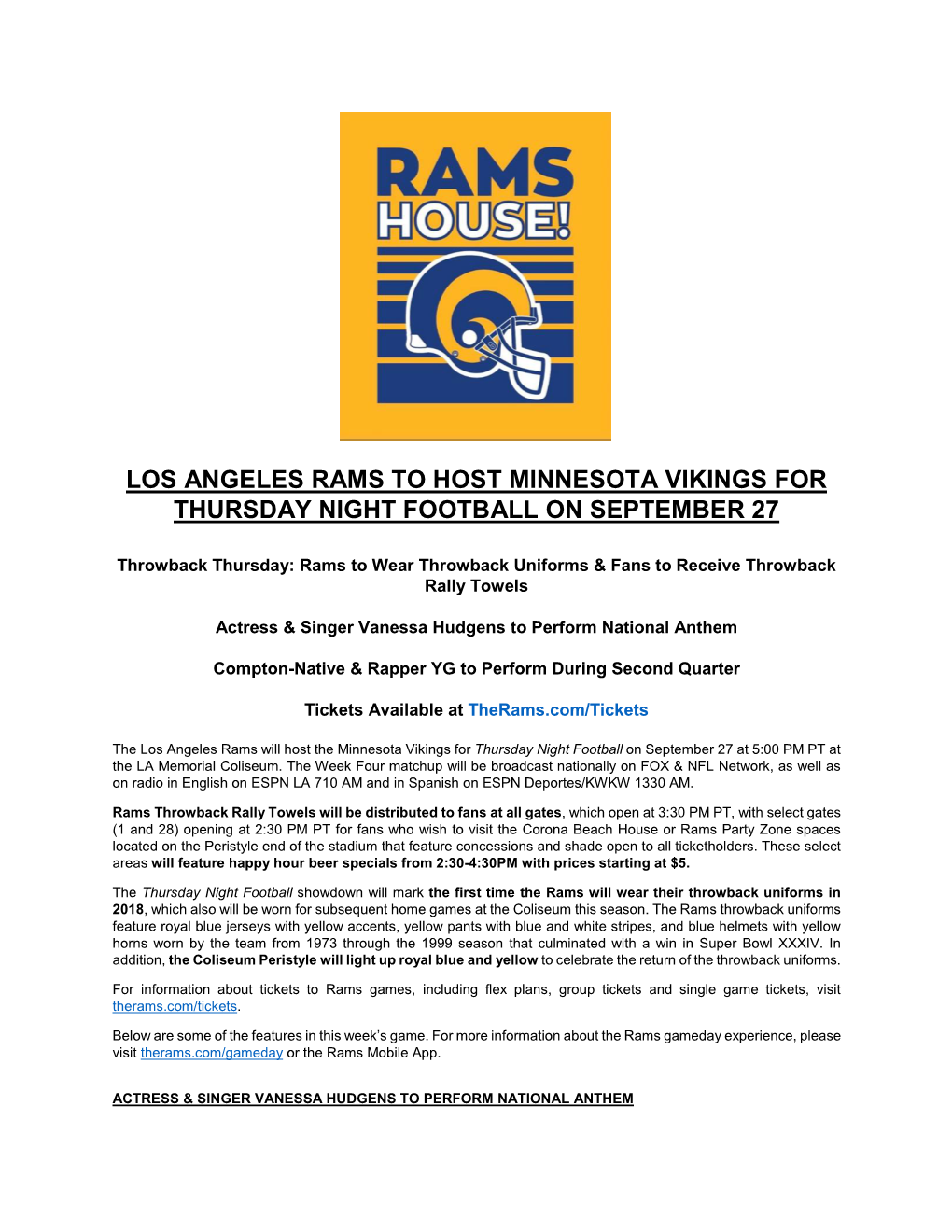 Los Angeles Rams to Host Minnesota Vikings for Thursday Night Football on September 27