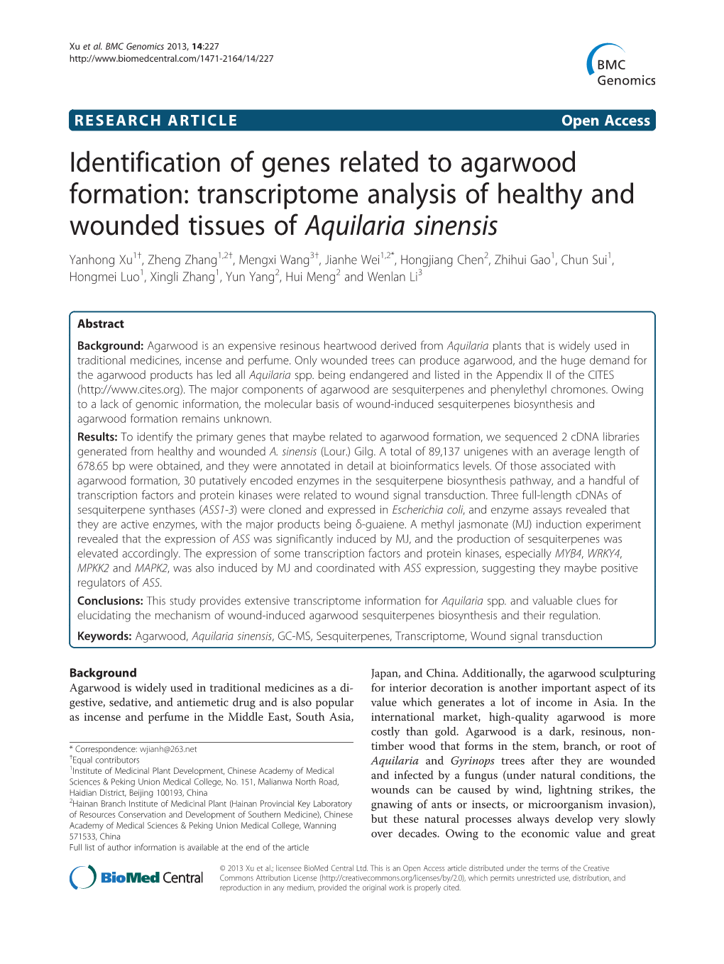 Identification of Genes Related to Agarwood Formation: Transcriptome