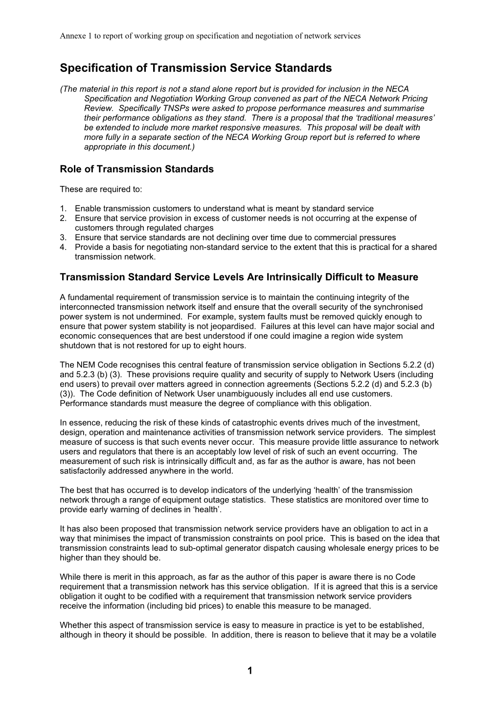 Specification of Transmission Service Standards