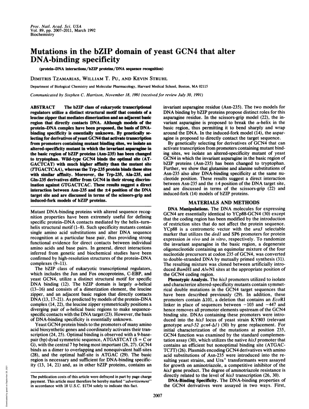 DNA-Binding Specificity (Protein-DNA Interactions/Bzip Proteins/DNA Sequence Recognition) DIMITRIS TZAMARIAS, WILLIAM T