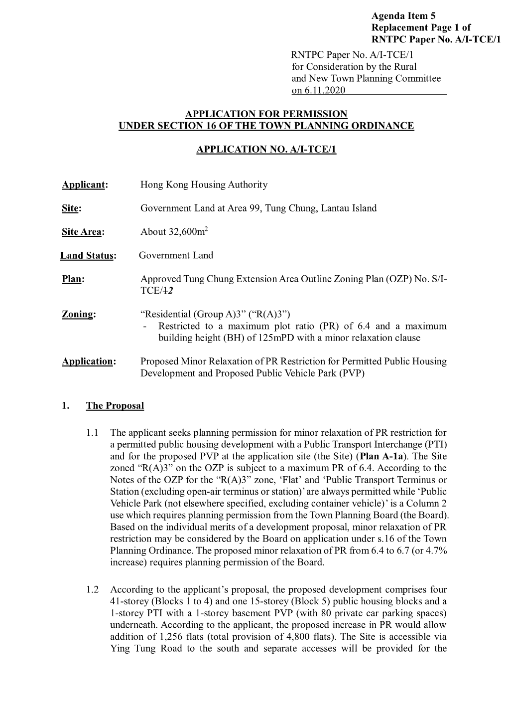 Agenda Item 5 Replacement Page 1 of RNTPC Paper No. A/I-TCE/1 RNTPC Paper No