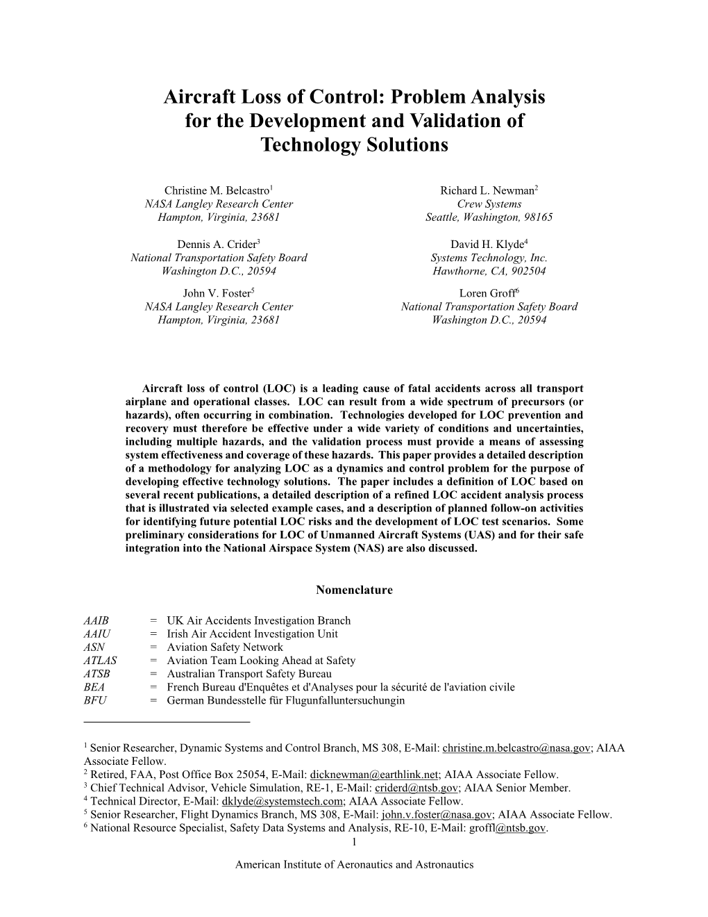 Aircraft Loss of Control: Problem Analysis for the Development and Validation of Technology Solutions