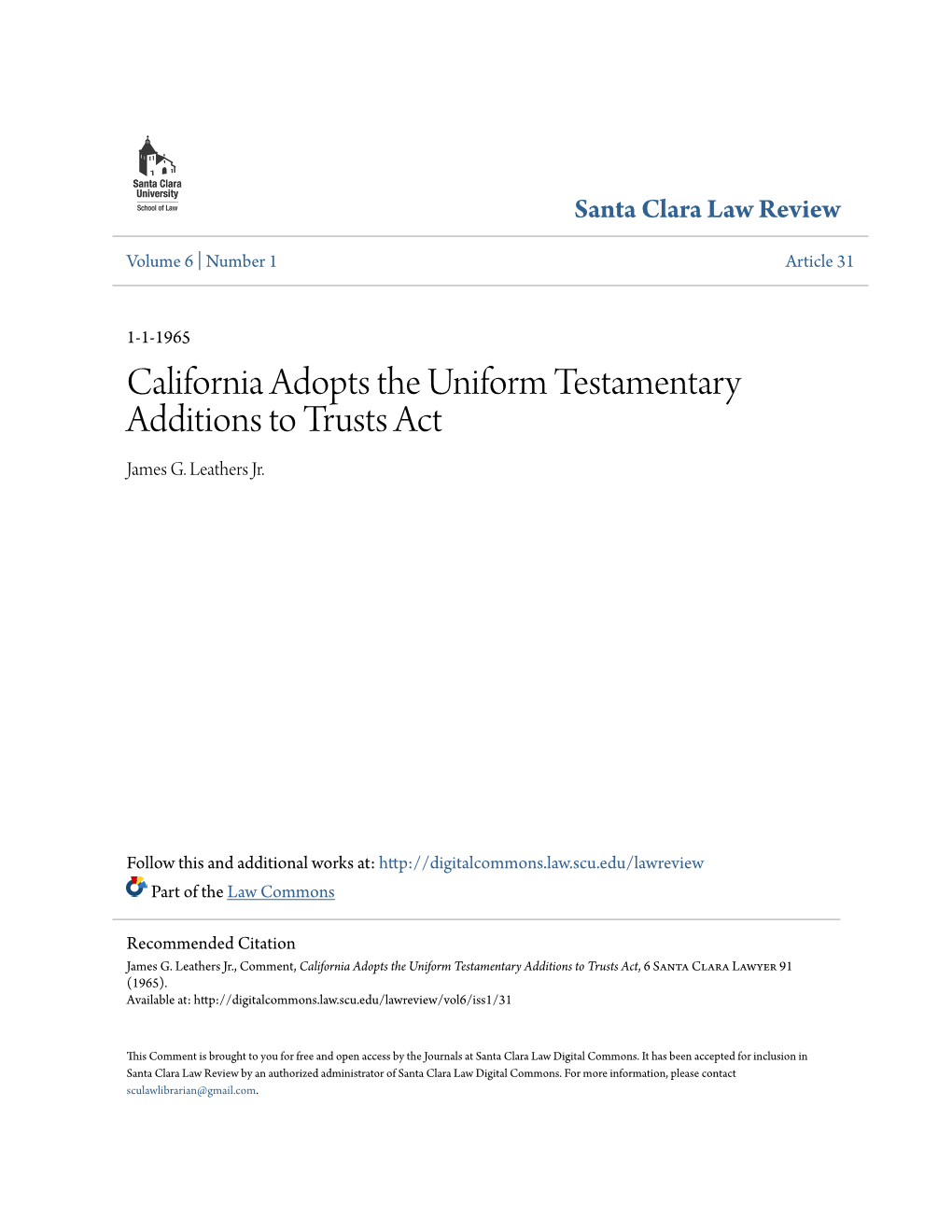 California Adopts the Uniform Testamentary Additions to Trusts Act James G