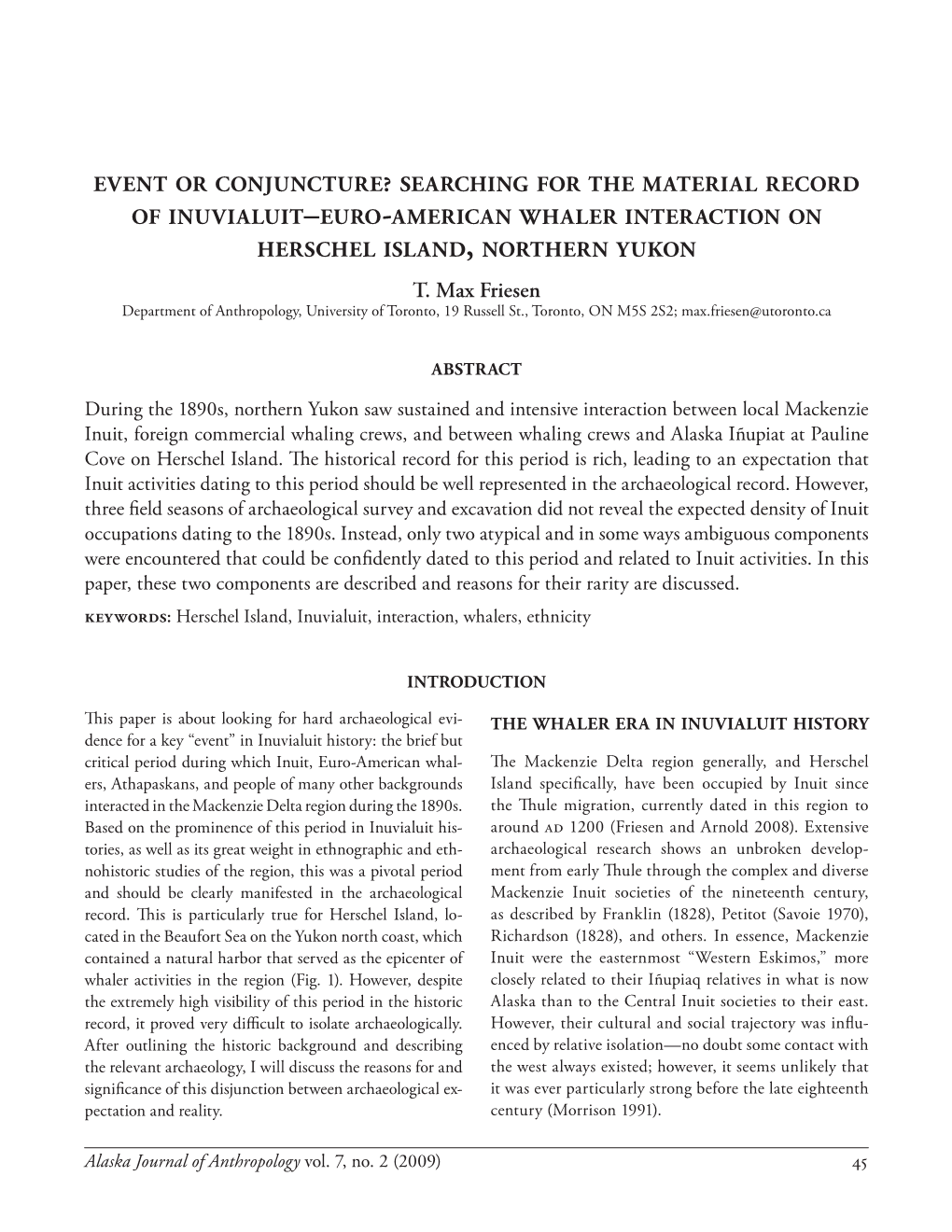 Euro-American Whaler Interaction on Herschel Island, Northern Yukon T