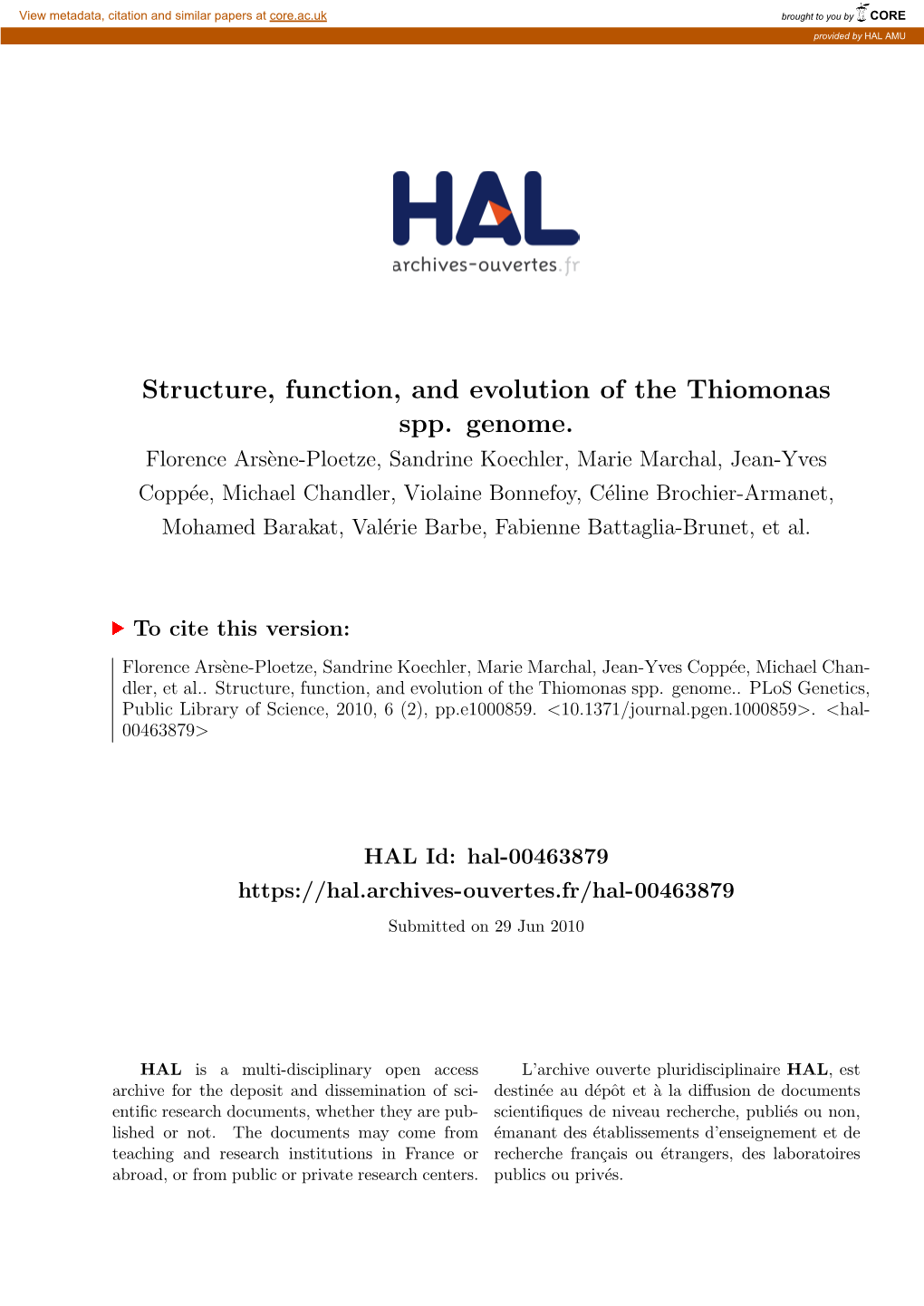 Structure, Function, and Evolution of the Thiomonas Spp. Genome