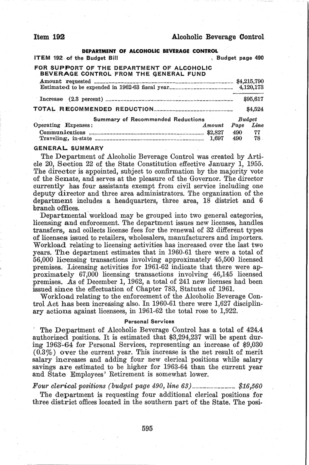 1963 Budget Analysis: Regulation Licensing