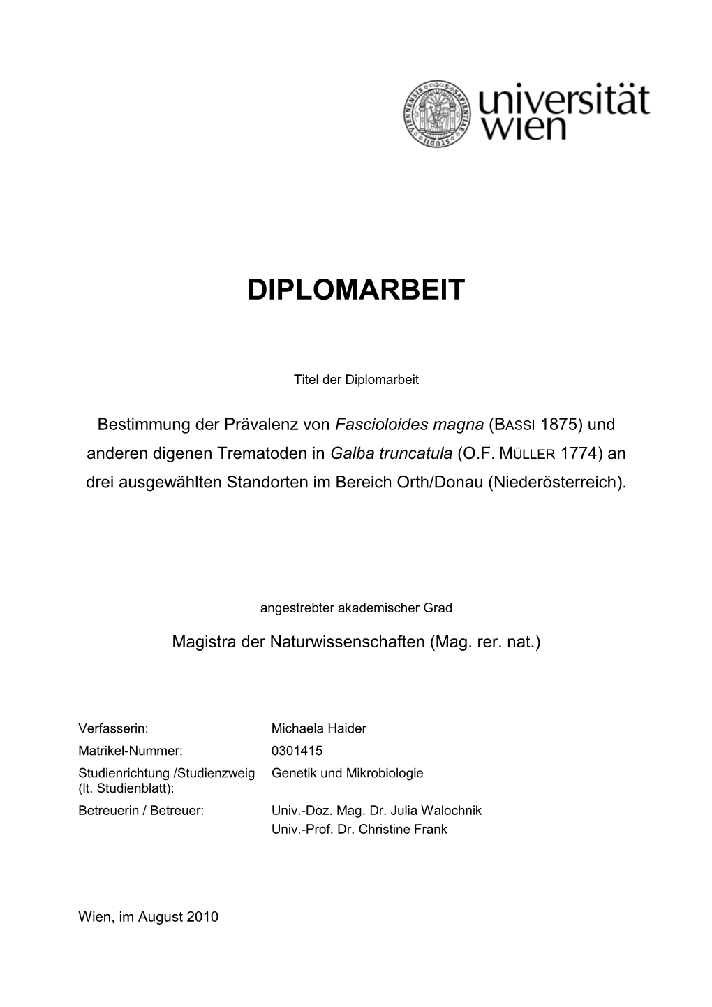 Und Anderen Digenen Trematoden in Galba Truncatula (O.F